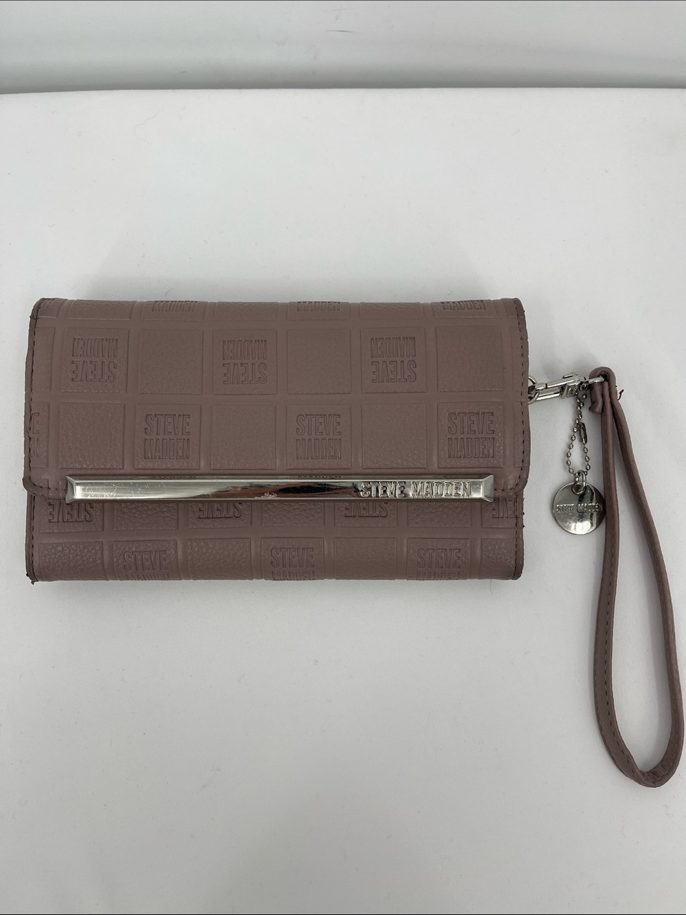Steve Madden Mauve Logo-Embossed Wristlet Card Holder with Silver Accents
